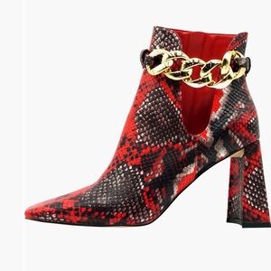 Ninety Union Red Snake Print Booties | Block Heel + Gold Chain Accent